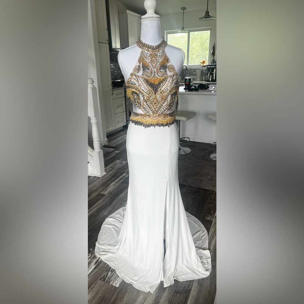 Tony Bowls White Maxi Gown with Gold and Silver Beaded Bodice
